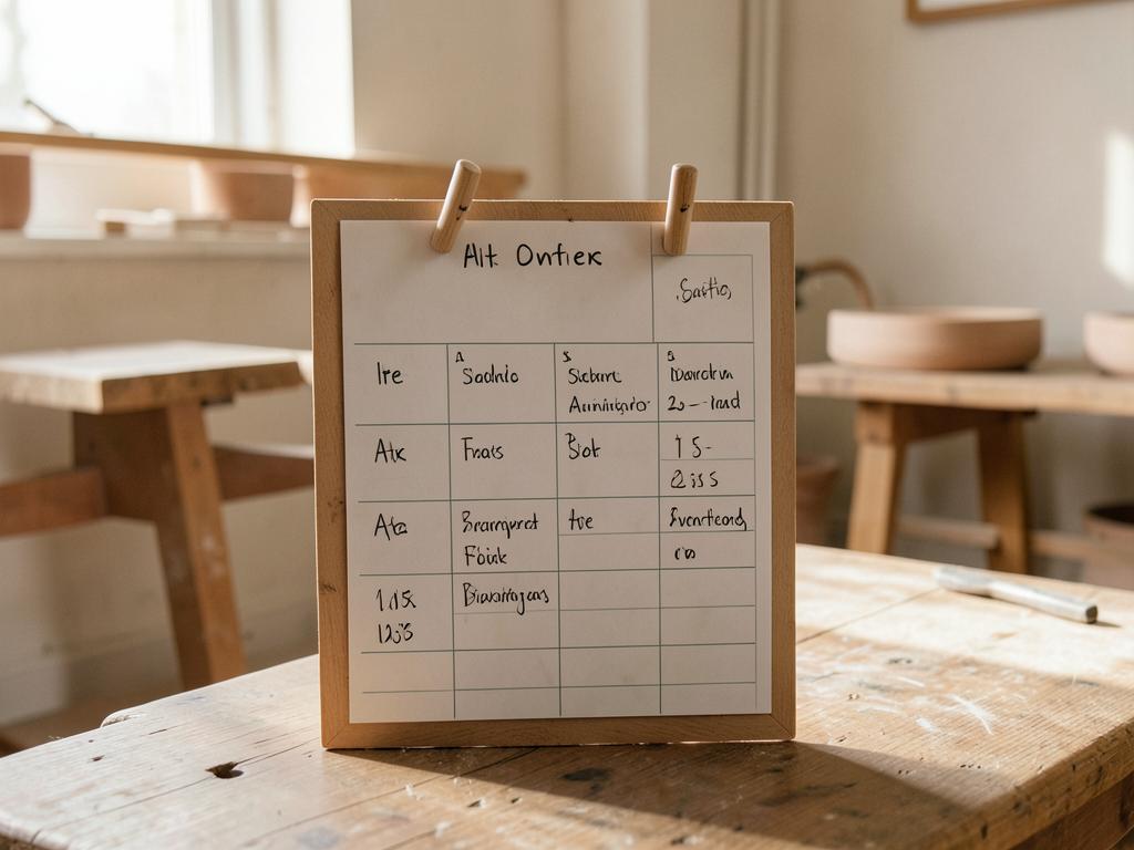 A studio schedule board showing open class times beside empty benches