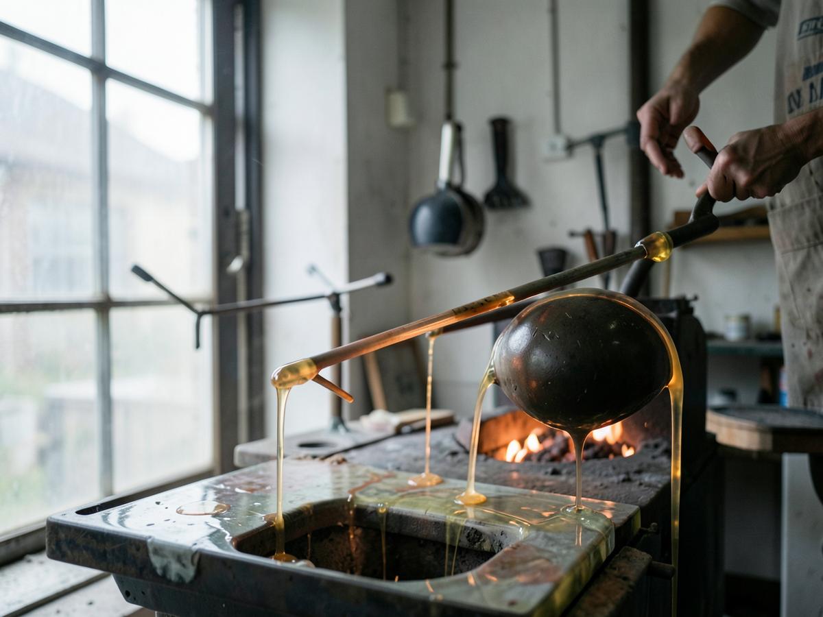 Molten glass glowing on a blowpipe at the furnace