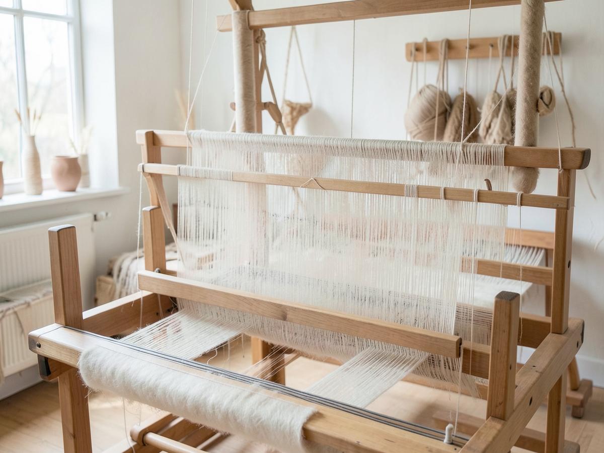 Yarn wound on a frame loom beside dyed fibre samples