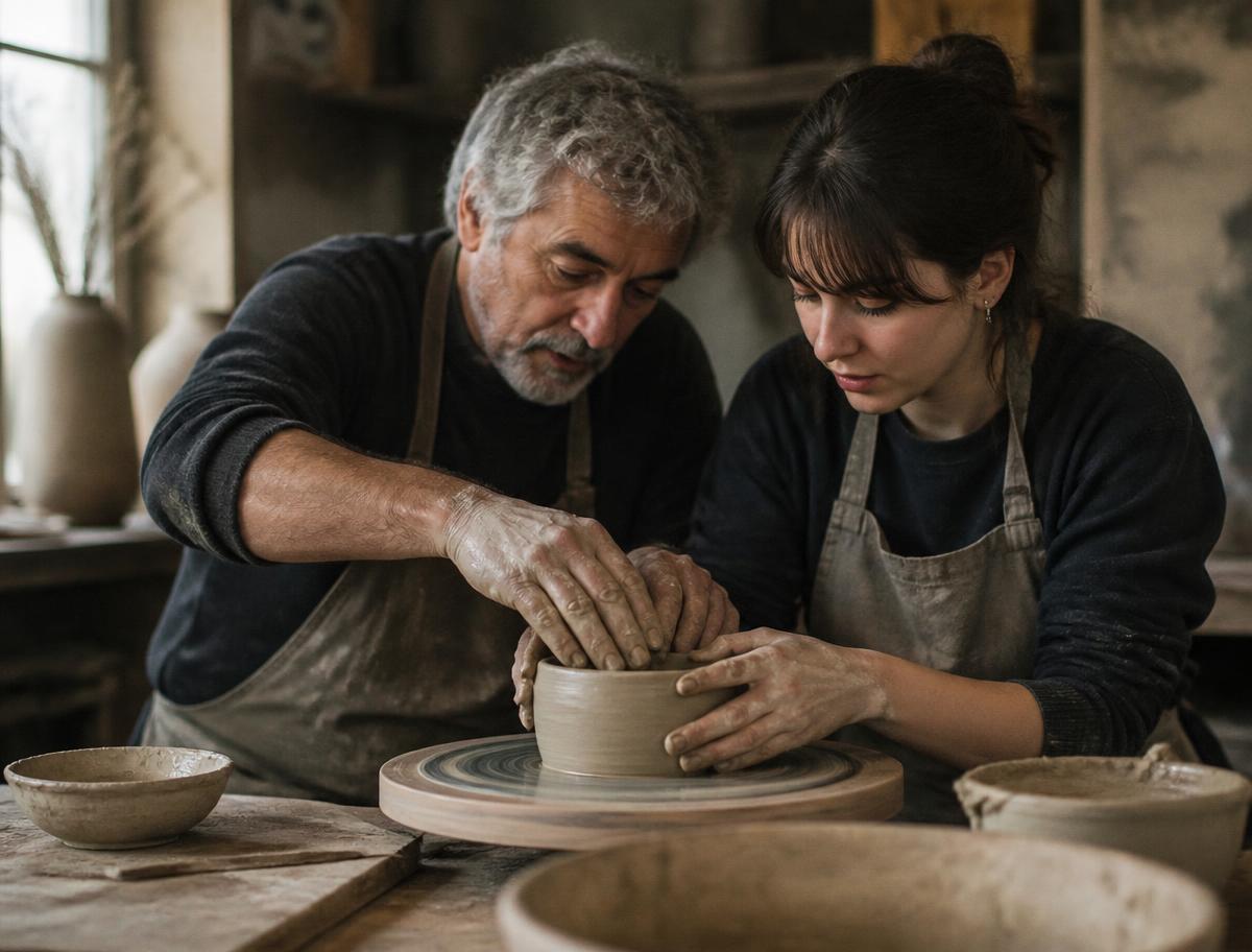 A teacher guiding a student's hands on the potter's wheel